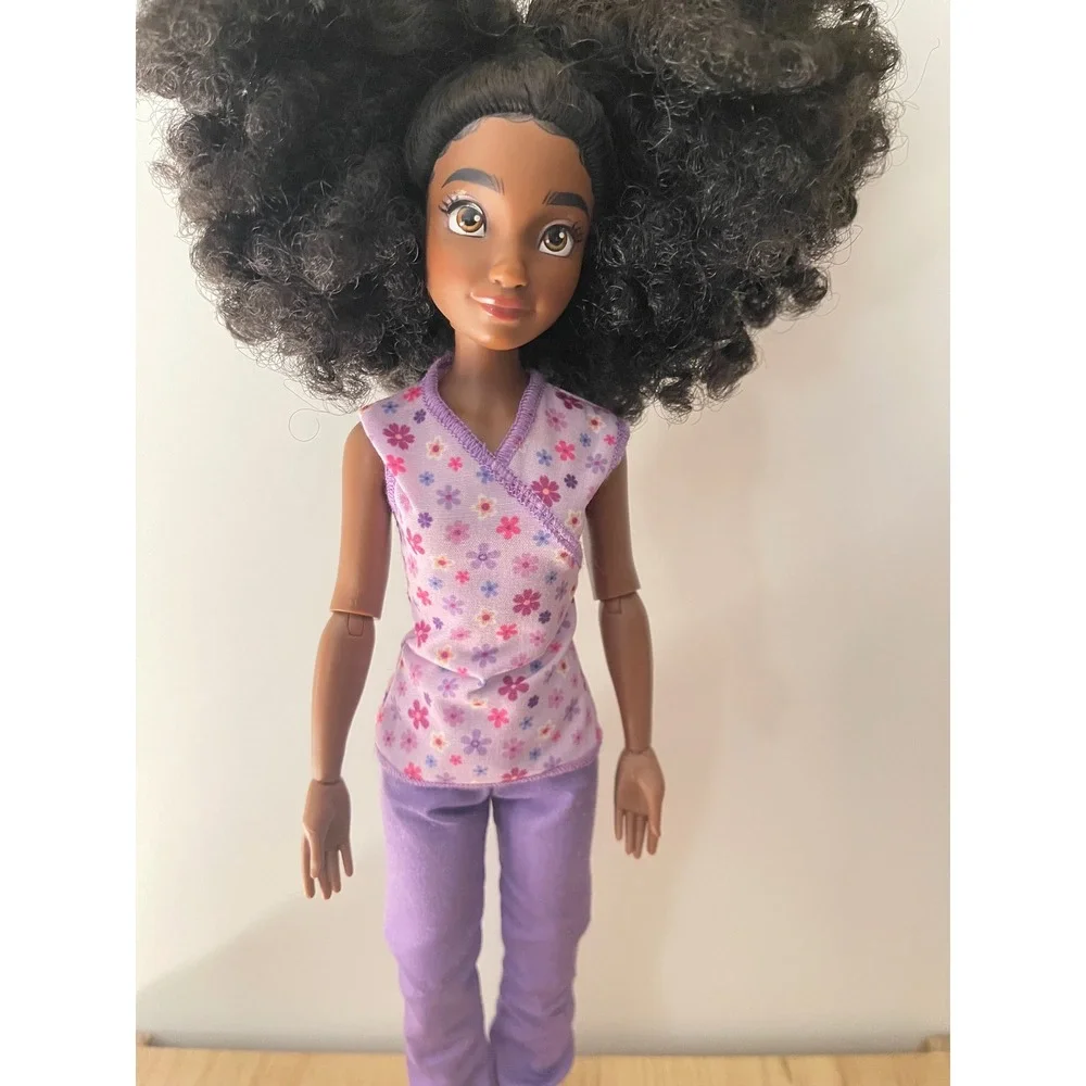 Disney Doll Black Curly Hair Brown Eyes Articulated Floral Top Purple Pants